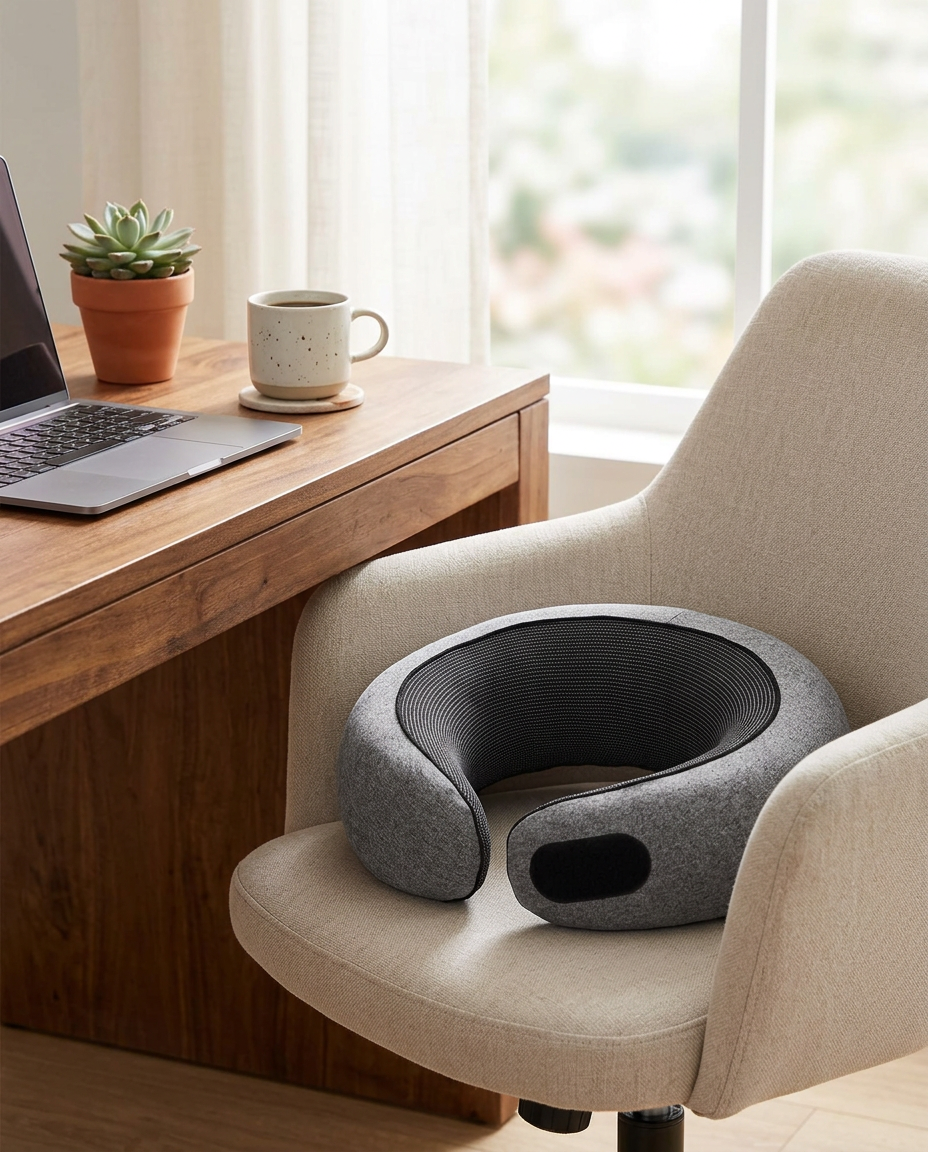 NeckReset nekkussen - lifestyle bureaustoel met correcte velcro-sluiting